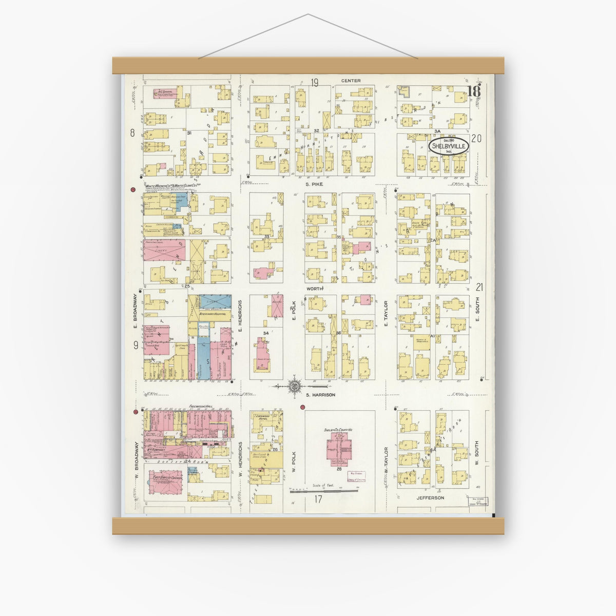Old map wall art mockup — magnetic wood frame on white wall — Sanborn Fire Insurance Map from Shelbyville, Shelby County, Indiana (1910), Sheet #0018