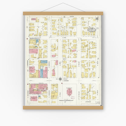 Old map wall art mockup — magnetic wood frame on white wall — Sanborn Fire Insurance Map from Shelbyville, Shelby County, Indiana (1910), Sheet #0018