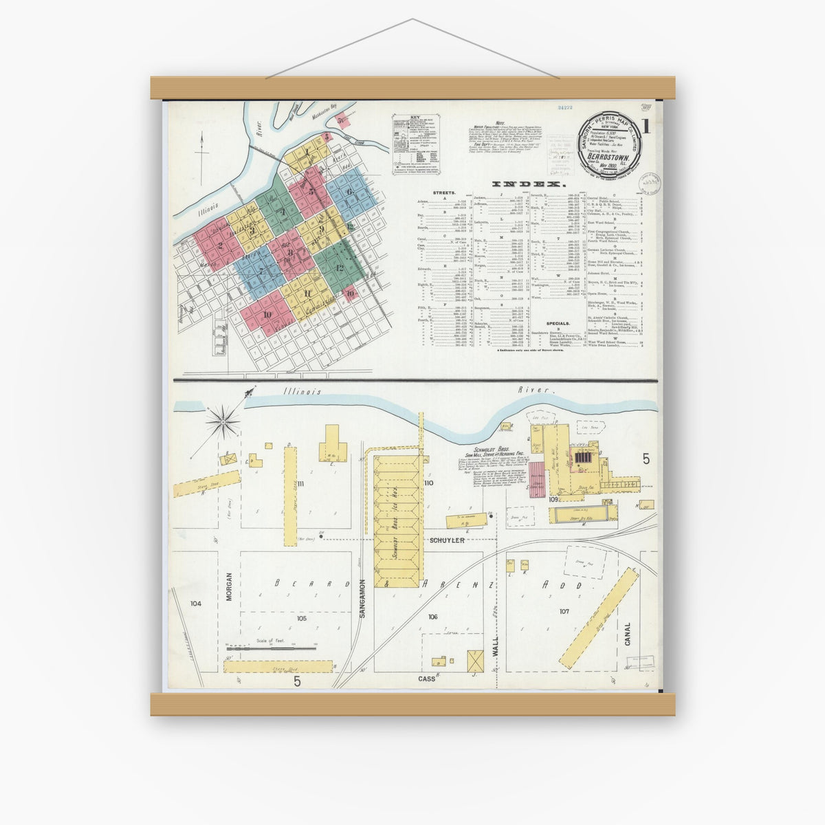 Old map wall art mockup — magnetic wood frame on white wall — Sanborn Fire Insurance Map from Beardstown, Cass County, Illinois (1900), Sheet #0001