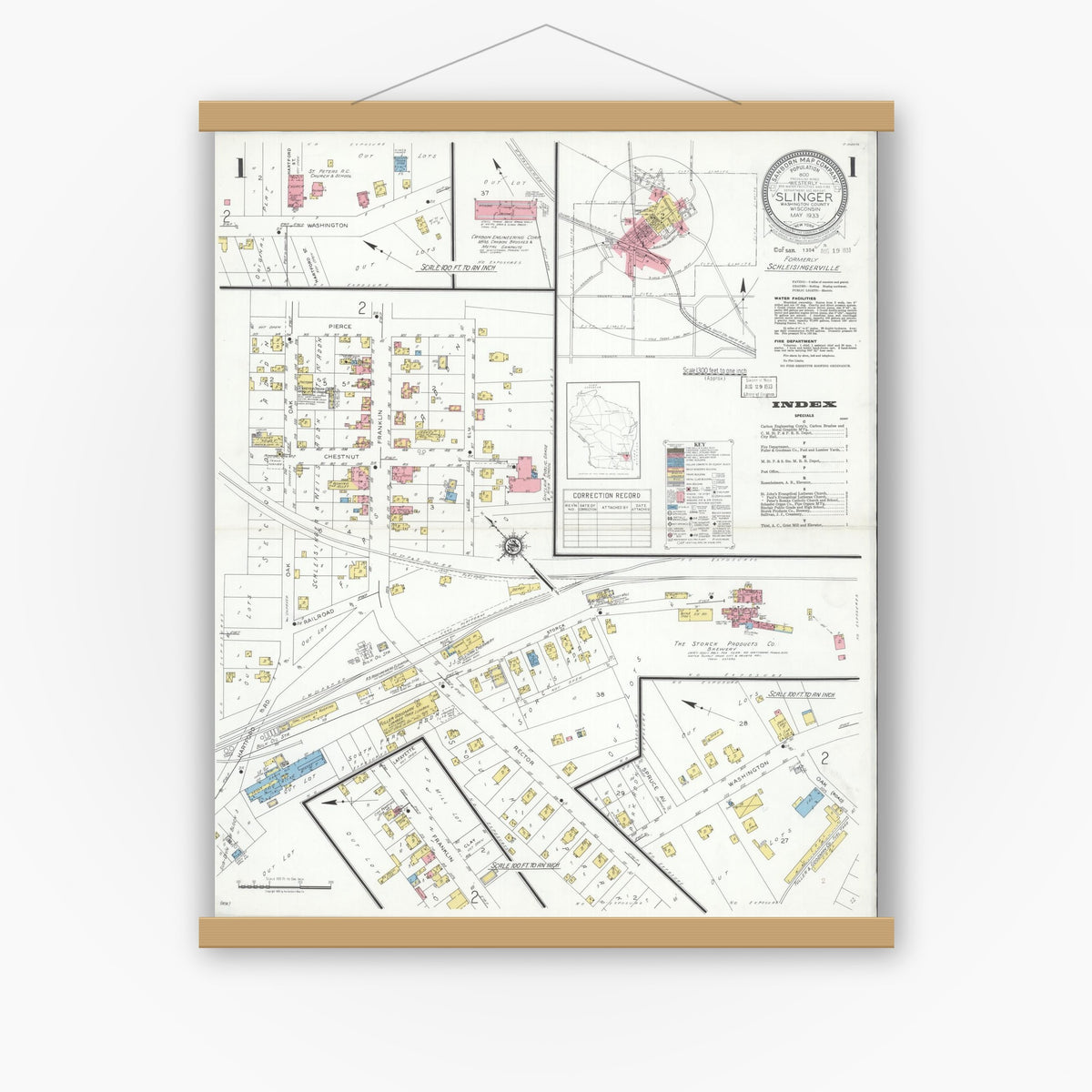 Old map wall art mockup — magnetic wood frame on white wall — Sanborn Fire Insurance Map from Slinger, Washington County, Wisconsin (1933) - Complete Map Set