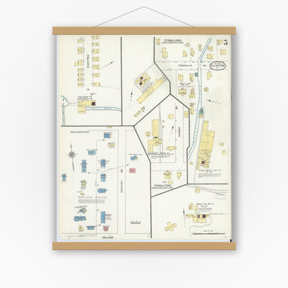 Old map wall art mockup — magnetic wood frame on white wall — Sanborn Fire Insurance Map from Clinton, Oneida County, New York (1910), Sheet #0005