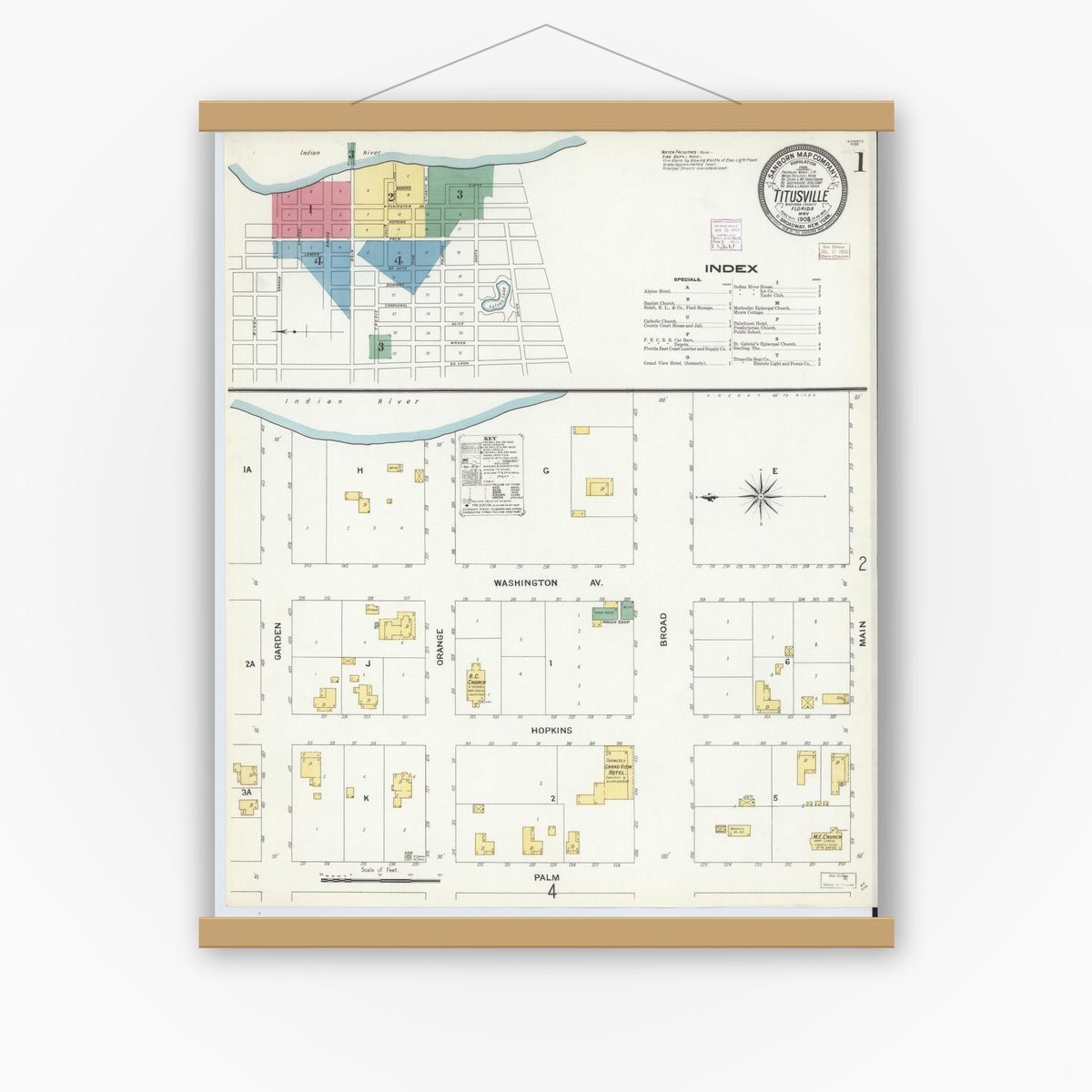 Old map wall art mockup — magnetic wood frame on white wall — Sanborn Fire Insurance Map from Titusville, Brevard County, Florida (1908), Sheet #0001
