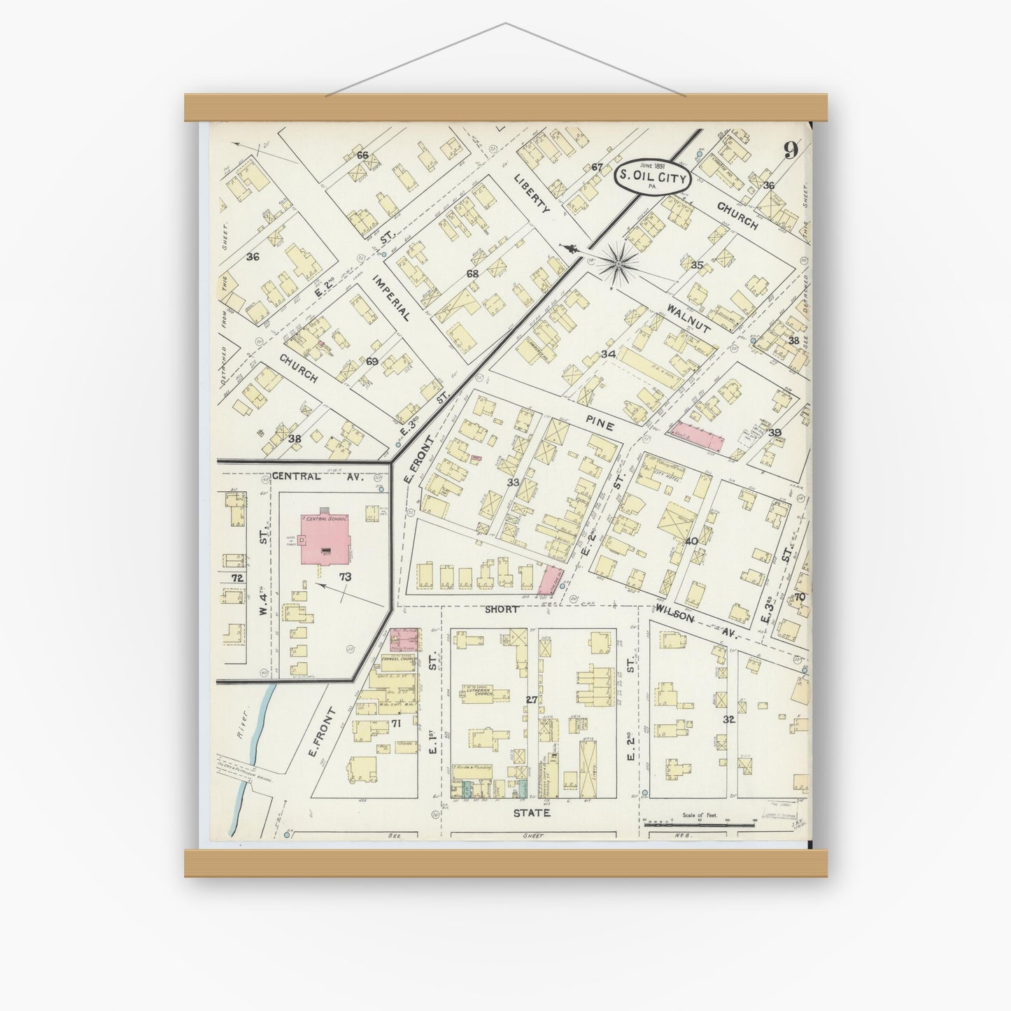 Old map wall art mockup — magnetic wood frame on white wall — Sanborn Fire Insurance Map from Oil City, Venango County, Pennsylvania (1891), Sheet #0009