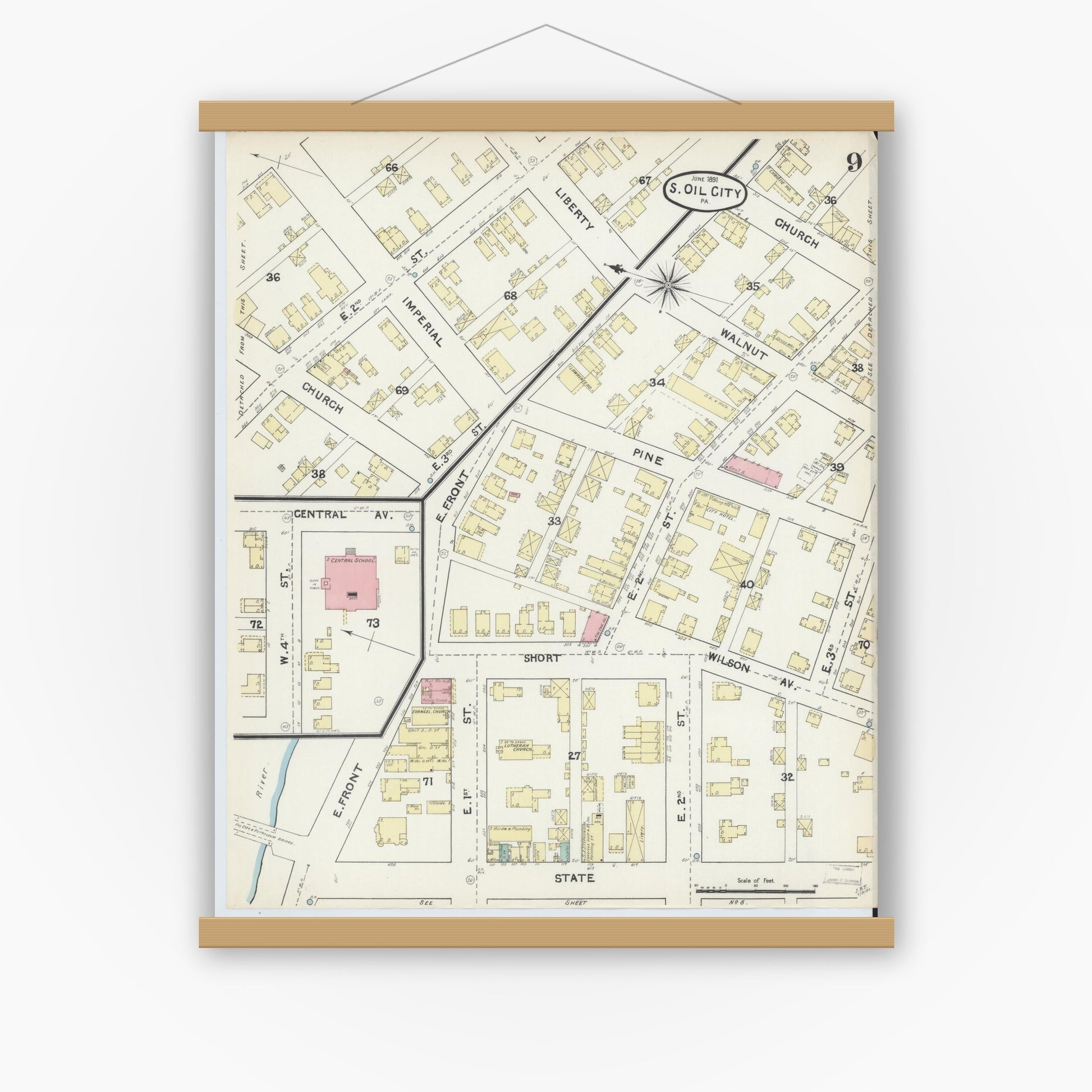 Old map wall art mockup — magnetic wood frame on white wall — Sanborn Fire Insurance Map from Oil City, Venango County, Pennsylvania (1891), Sheet #0009