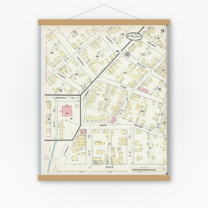 Old map wall art mockup — magnetic wood frame on white wall — Sanborn Fire Insurance Map from Oil City, Venango County, Pennsylvania (1891), Sheet #0009