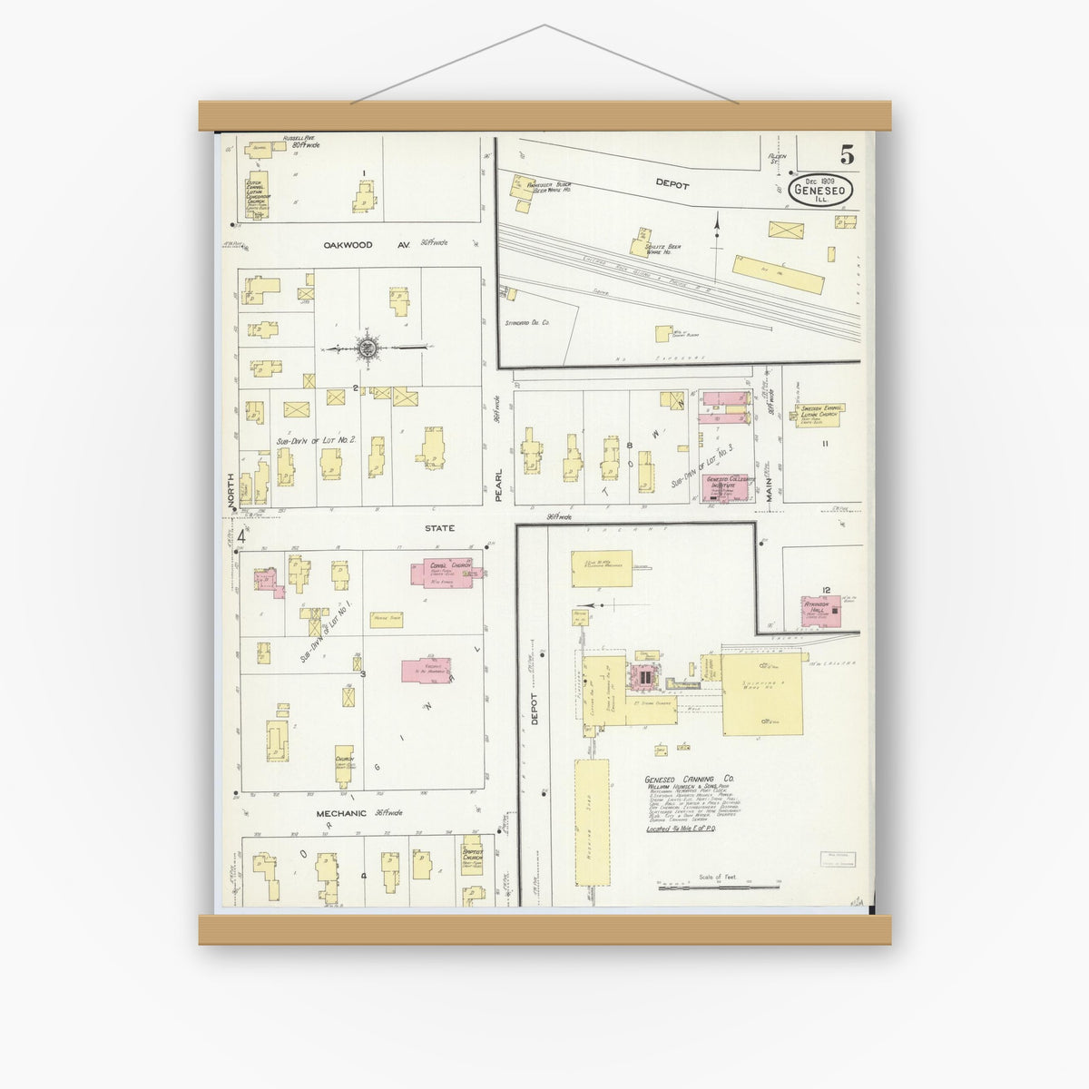 Old map wall art mockup — magnetic wood frame on white wall — Sanborn Fire Insurance Map from Geneseo, Henry County, Illinois (1909), Sheet #0005