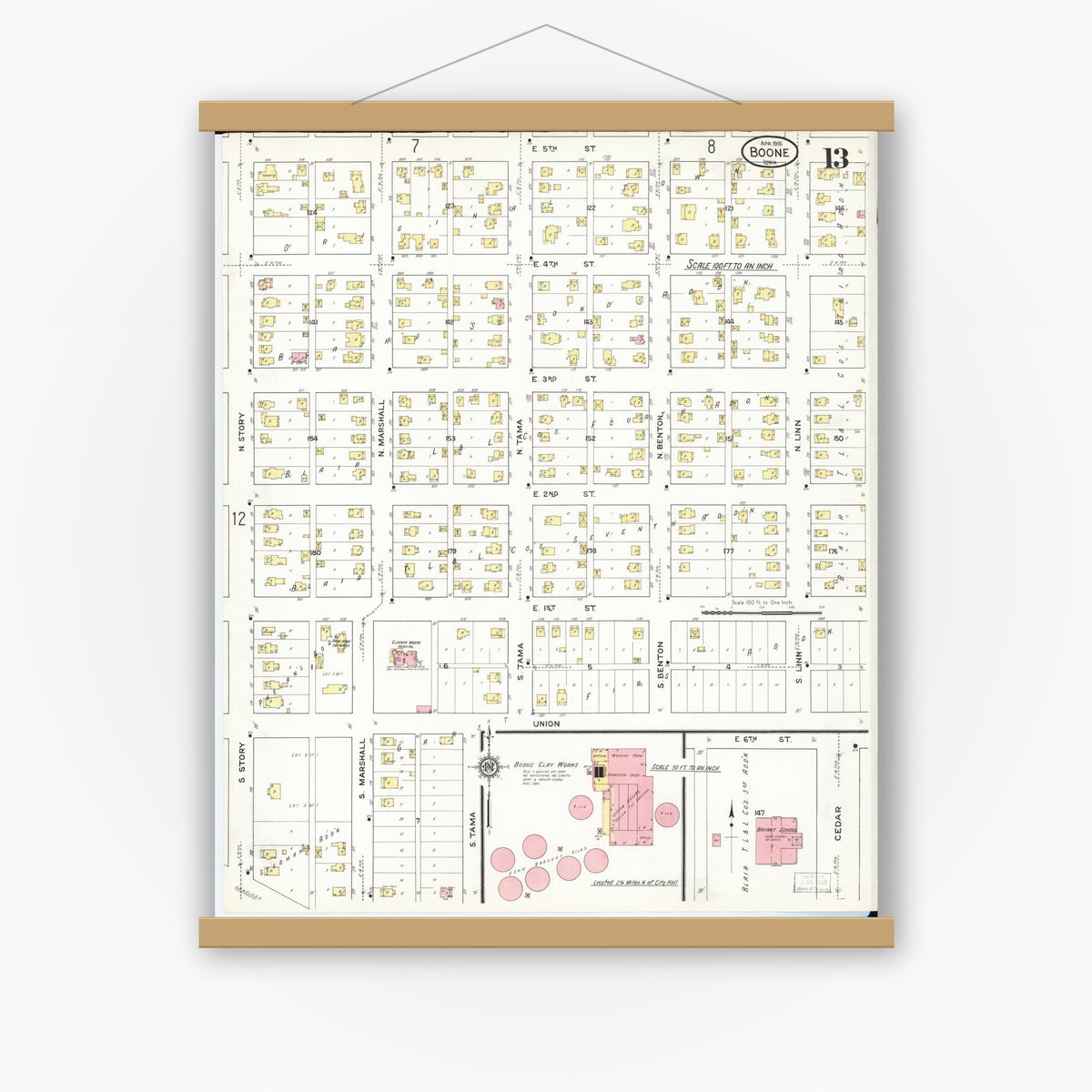 Old map wall art mockup — magnetic wood frame on white wall — Sanborn Fire Insurance Map from Boone, Boone County, Iowa (1916), Sheet #0013
