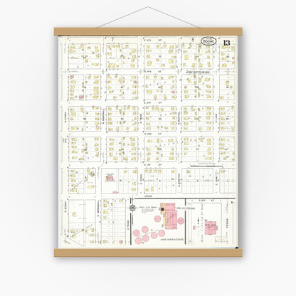 Old map wall art mockup — magnetic wood frame on white wall — Sanborn Fire Insurance Map from Boone, Boone County, Iowa (1916), Sheet #0013