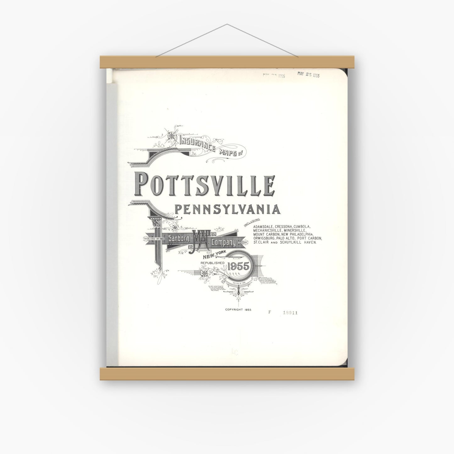 Old map wall art mockup — magnetic wood frame on white wall — Sanborn Fire Insurance Map from Pottsville, Schuylkill County, Pennsylvania (1955), Sheet #0001