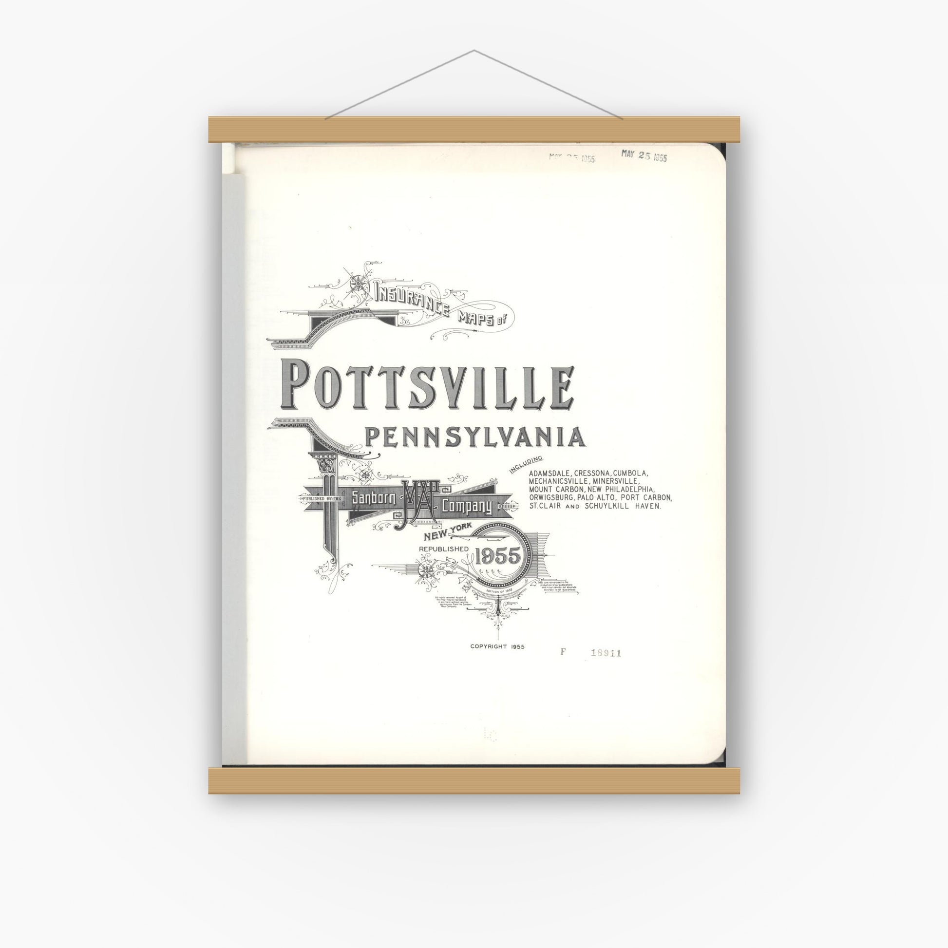 Old map wall art mockup — magnetic wood frame on white wall — Sanborn Fire Insurance Map from Pottsville, Schuylkill County, Pennsylvania (1955), Sheet #0001