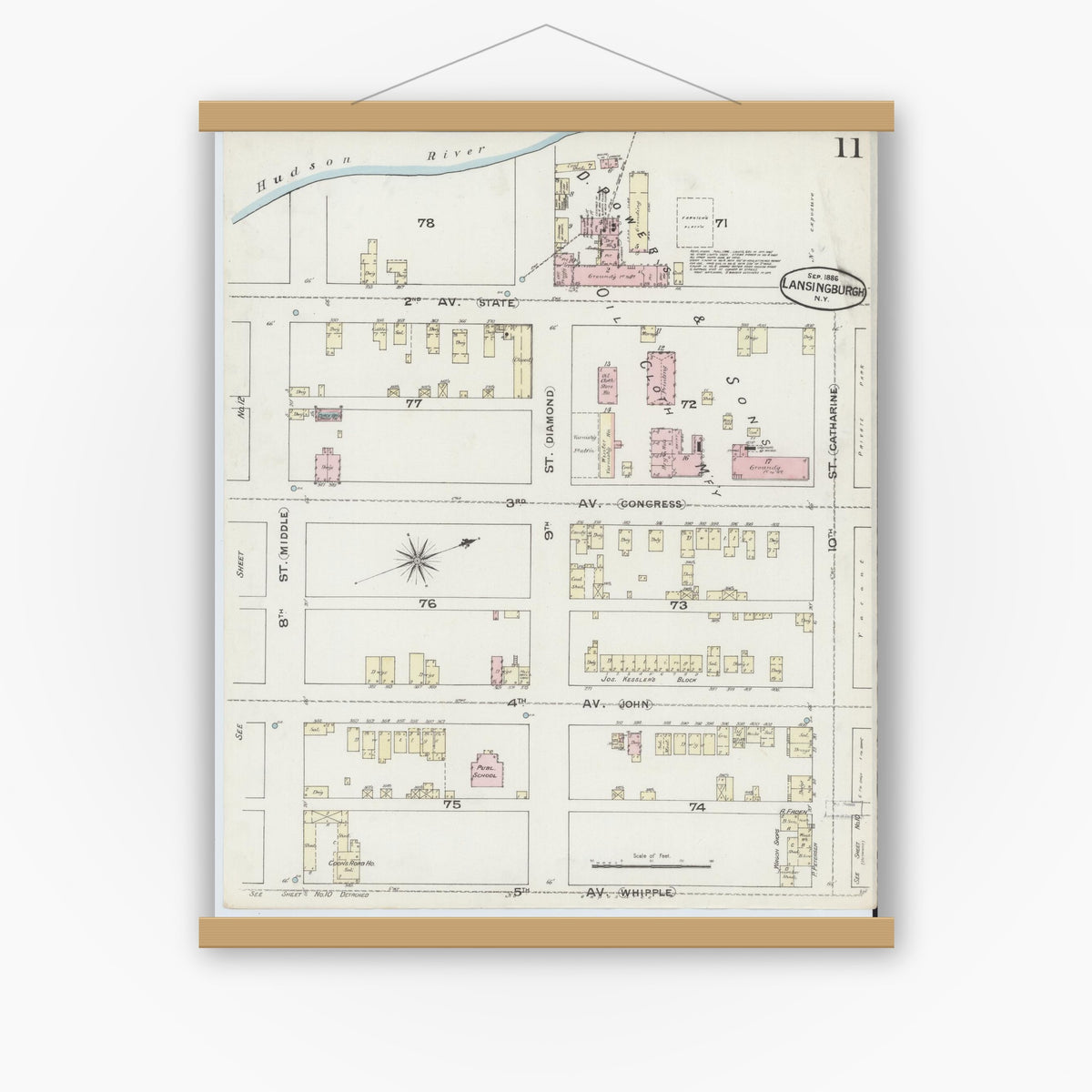 Old map wall art mockup — magnetic wood frame on white wall — Sanborn Fire Insurance Map from Lansingburg, Rensselaer County, New York (1886), Sheet #0011