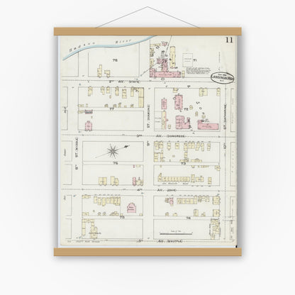 Old map wall art mockup — magnetic wood frame on white wall — Sanborn Fire Insurance Map from Lansingburg, Rensselaer County, New York (1886), Sheet #0011