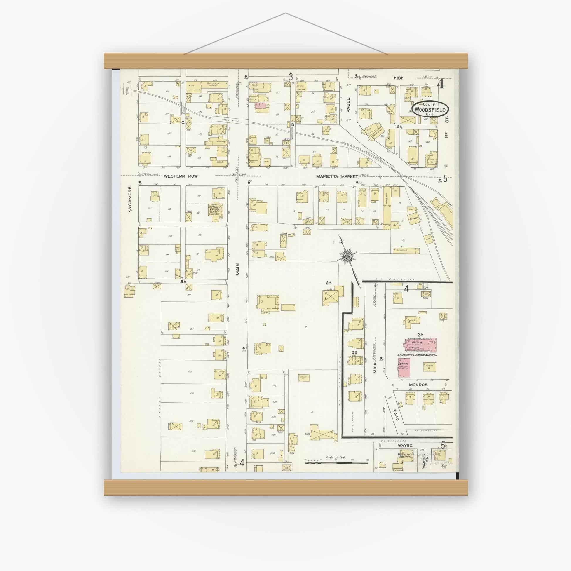 Old map wall art mockup — magnetic wood frame on white wall — Sanborn Fire Insurance Map from Woodsfield, Monroe County, Ohio (1911), Sheet #0004