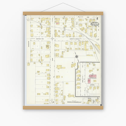 Old map wall art mockup — magnetic wood frame on white wall — Sanborn Fire Insurance Map from Woodsfield, Monroe County, Ohio (1911), Sheet #0004