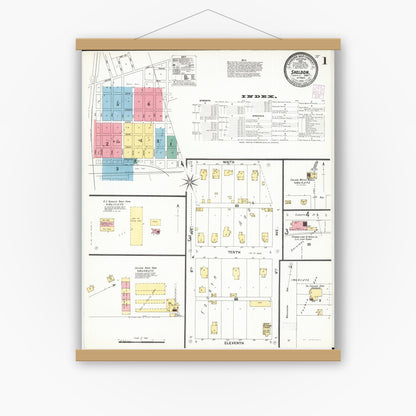 Old map wall art mockup — magnetic wood frame on white wall — Sanborn Fire Insurance Map from Sheldon, O'Brien County, Iowa (1901), Sheet #0001