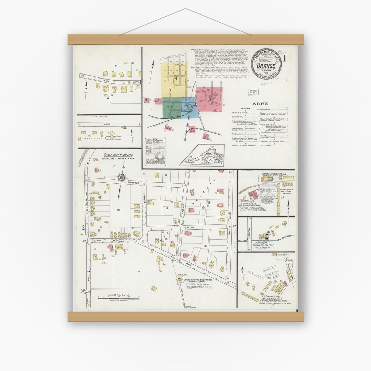 Old map wall art mockup — magnetic wood frame on white wall — Sanborn Fire Insurance Map from Orange, Orange County, Virginia (1919) - Complete Map Set