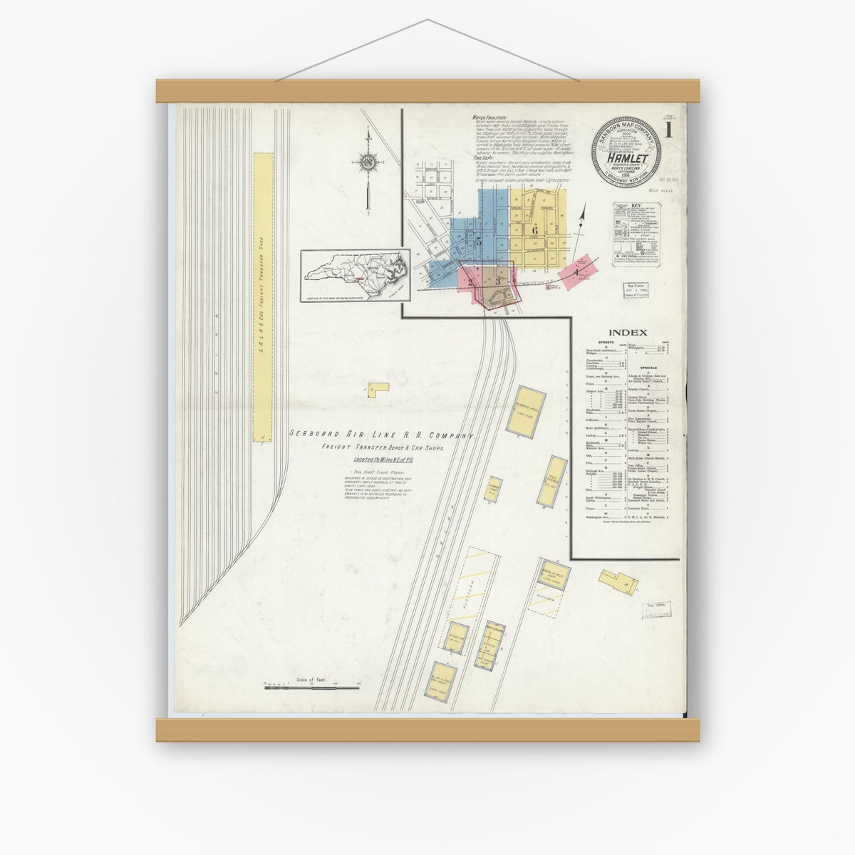 Old map wall art mockup — magnetic wood frame on white wall — Sanborn Fire Insurance Map from Hamlet, Richmond County, North Carolina (1916), Sheet #0001