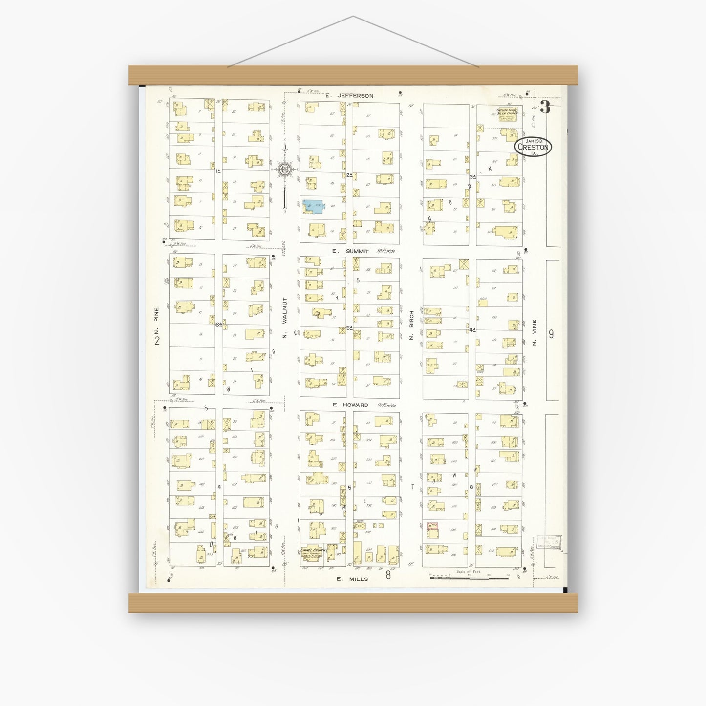 Old map wall art mockup — magnetic wood frame on white wall — Sanborn Fire Insurance Map from Creston, Union County, Iowa (1913), Sheet #0003