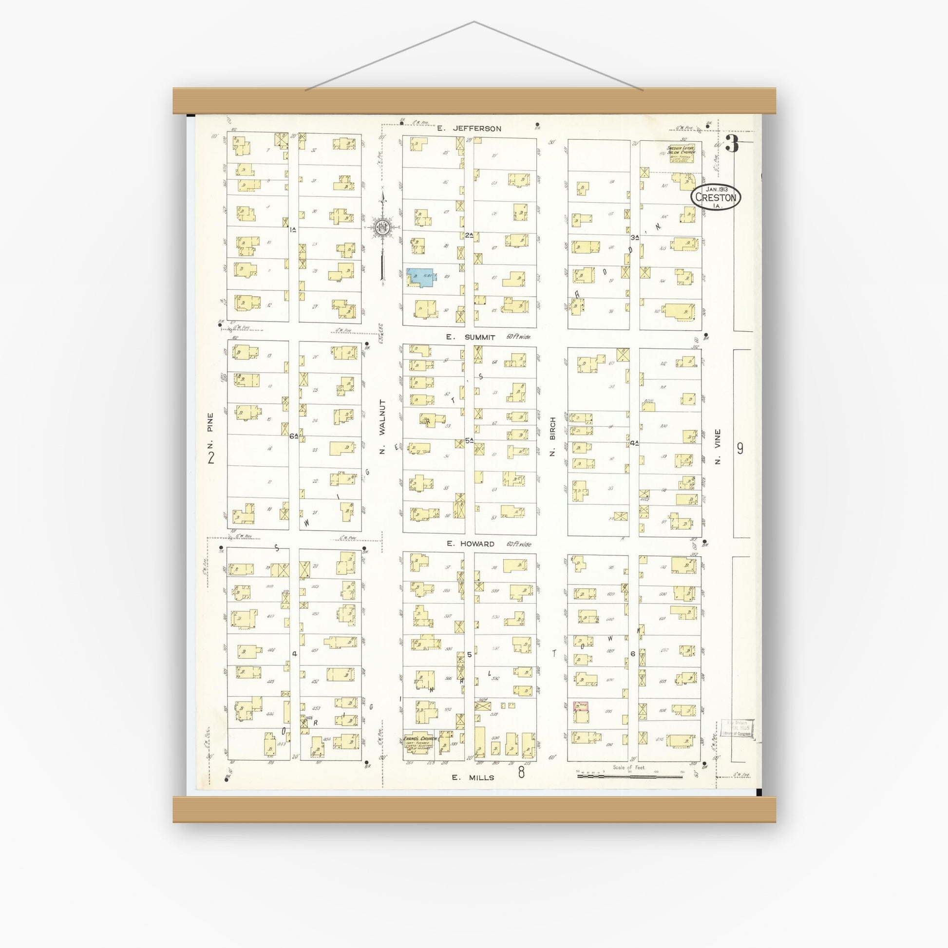 Old map wall art mockup — magnetic wood frame on white wall — Sanborn Fire Insurance Map from Creston, Union County, Iowa (1913), Sheet #0003