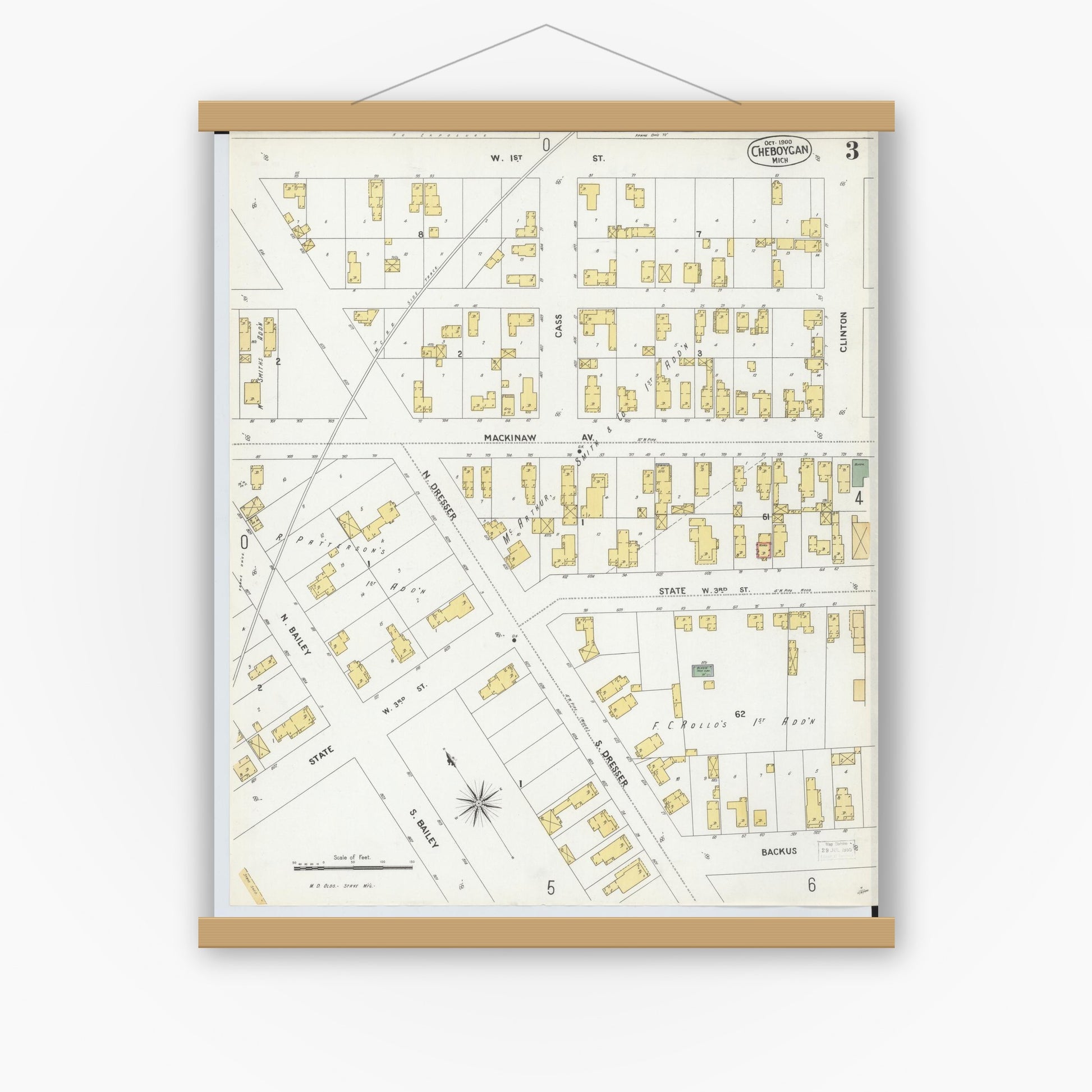 Old map wall art mockup — magnetic wood frame on white wall — Sanborn Fire Insurance Map from Cheboygan, Cheboygan County, Michigan (1900), Sheet #0003