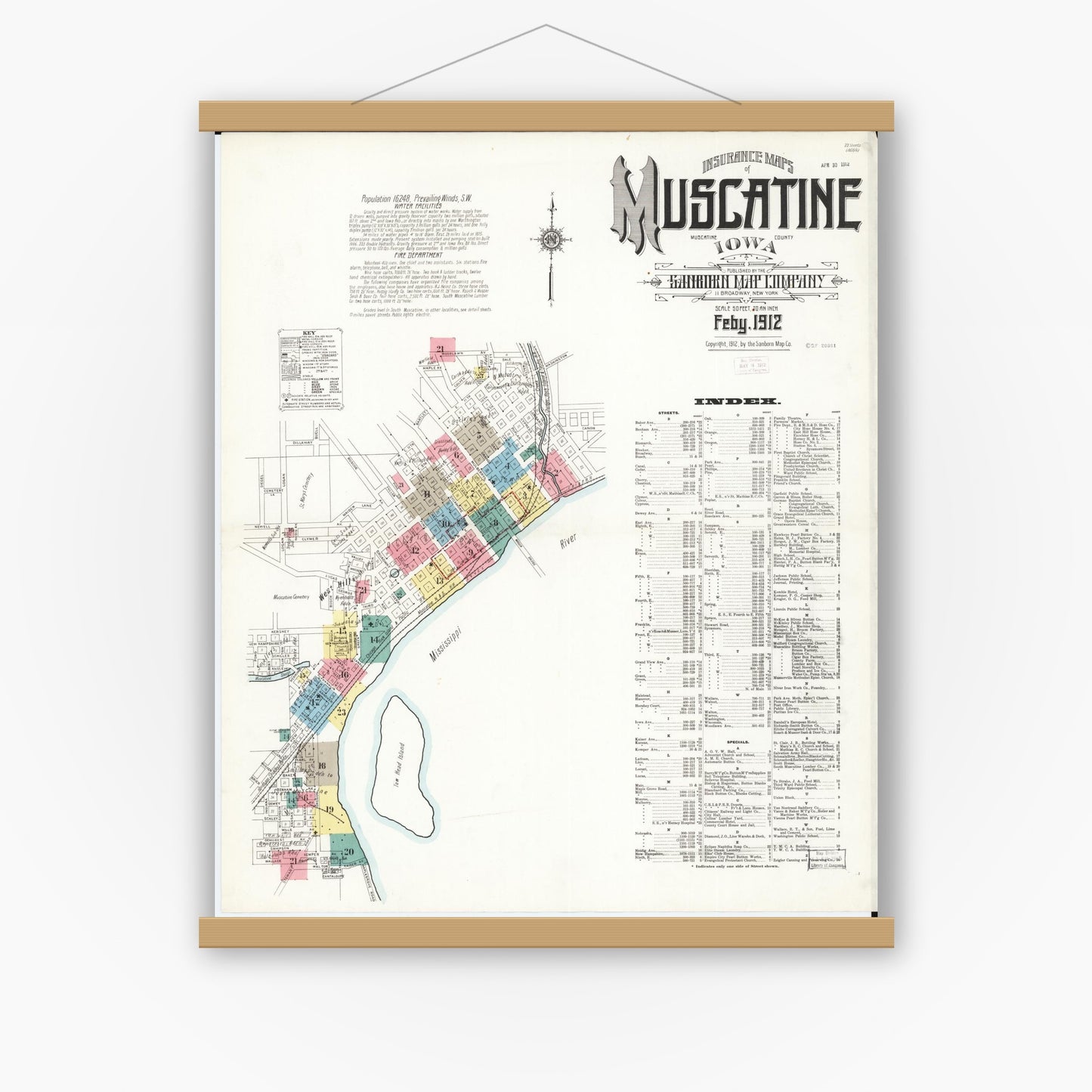 Old map wall art mockup — magnetic wood frame on white wall — Sanborn Fire Insurance Map from Muscatine, Muscatine County, Iowa (1912) â€” Complete Set