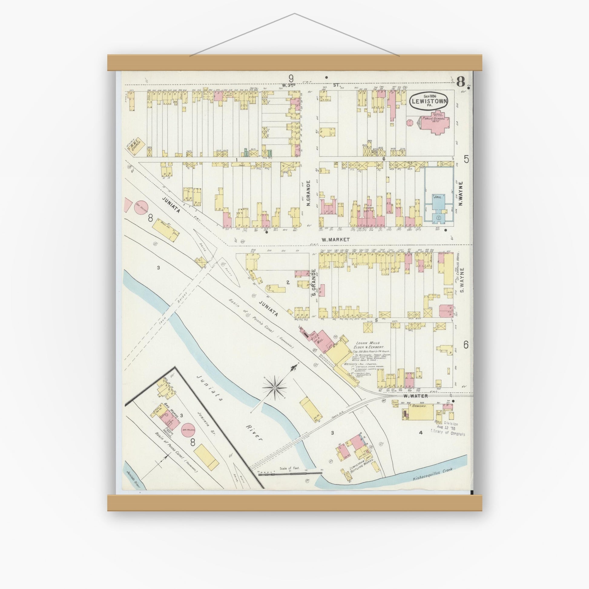 Old map wall art mockup — magnetic wood frame on white wall — Sanborn Fire Insurance Map from Lewistown, Mifflin County, Pennsylvania (1896), Sheet #0008