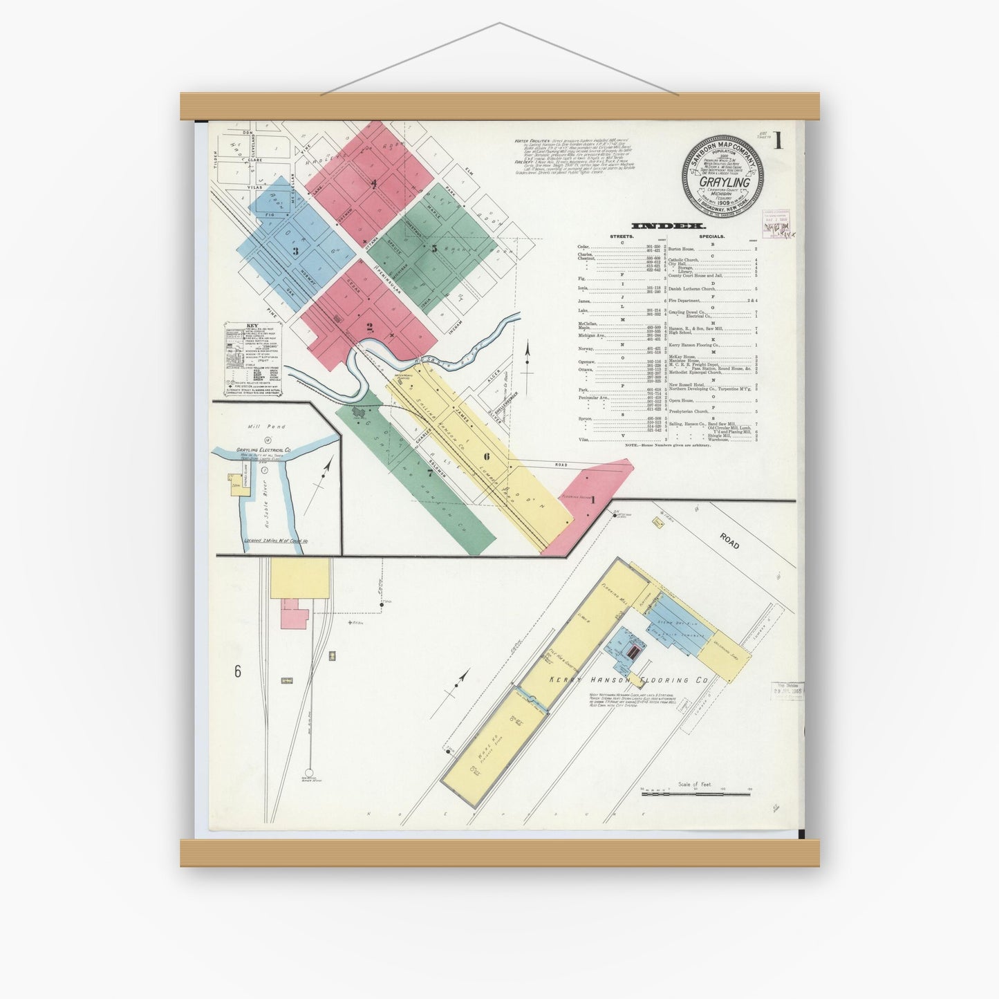 Old map wall art mockup — magnetic wood frame on white wall — Sanborn Fire Insurance Map from Grayling, Crawford County, Michigan (1909) - Complete Map Set