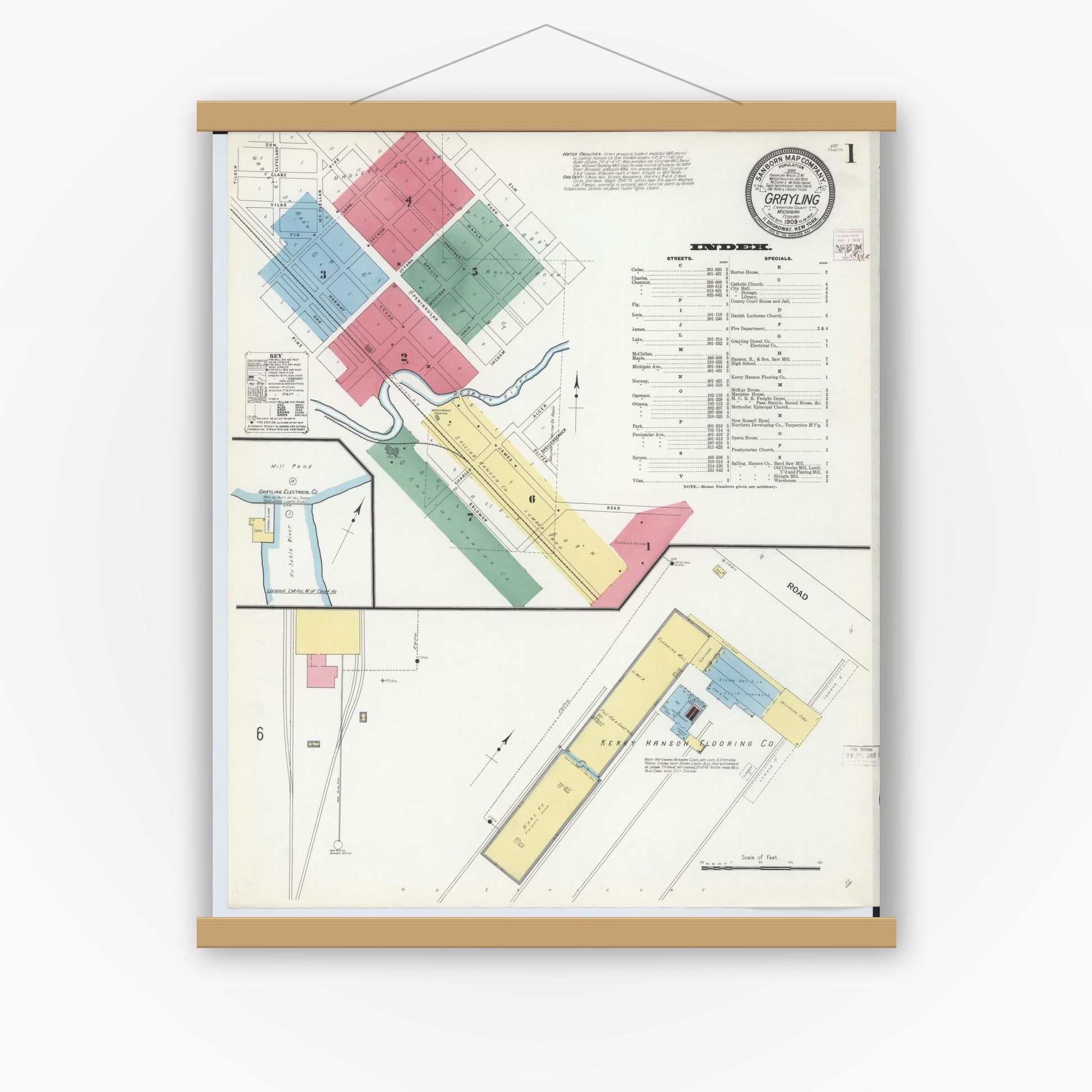Old map wall art mockup — magnetic wood frame on white wall — Sanborn Fire Insurance Map from Grayling, Crawford County, Michigan (1909) - Complete Map Set