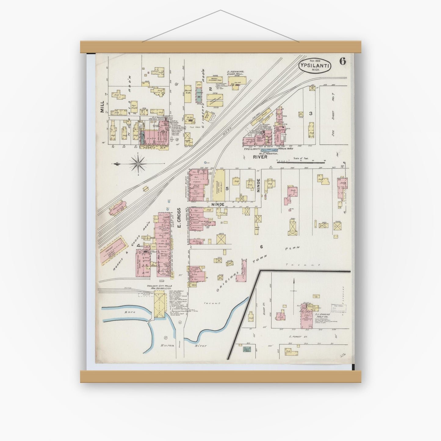 Old map wall art mockup — magnetic wood frame on white wall — Sanborn Fire Insurance Map from Ypsilanti, Washtenaw County, Michigan (1888), Sheet #0006