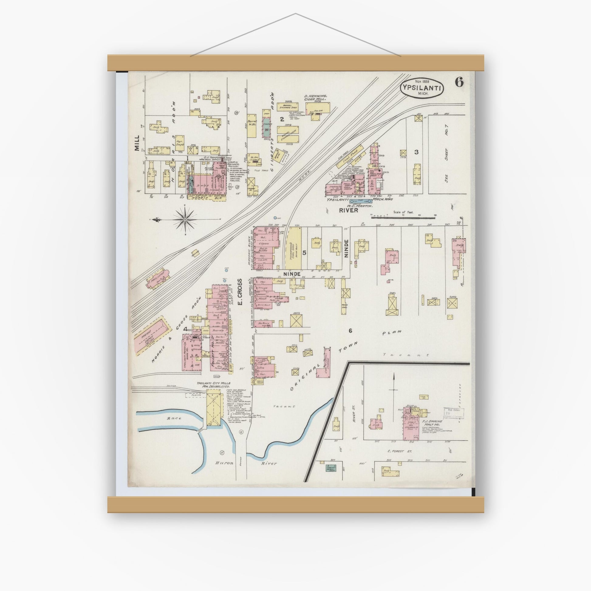 Old map wall art mockup — magnetic wood frame on white wall — Sanborn Fire Insurance Map from Ypsilanti, Washtenaw County, Michigan (1888), Sheet #0006