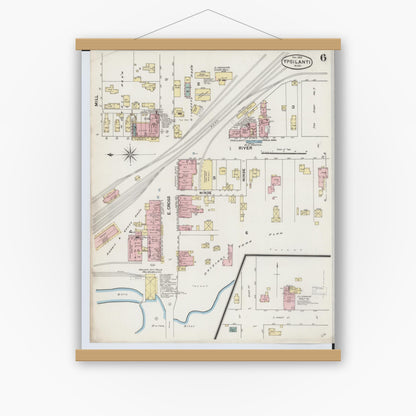 Old map wall art mockup — magnetic wood frame on white wall — Sanborn Fire Insurance Map from Ypsilanti, Washtenaw County, Michigan (1888), Sheet #0006