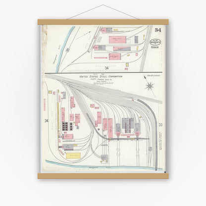 Old map wall art mockup — magnetic wood frame on white wall — Sanborn Fire Insurance Map from Braddock, Allegheny County, Pennsylvania (1908), Sheet #0034
