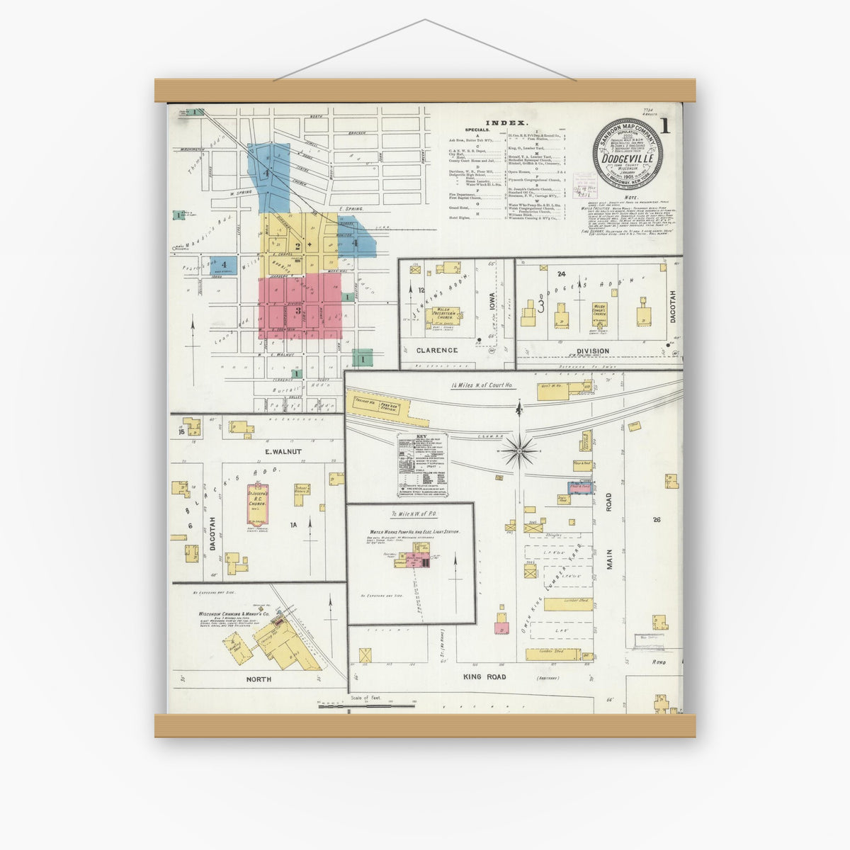 Old map wall art mockup — magnetic wood frame on white wall — Sanborn Fire Insurance Map from Dodgeville, Iowa County, Wisconsin (1905) - Complete Map Set