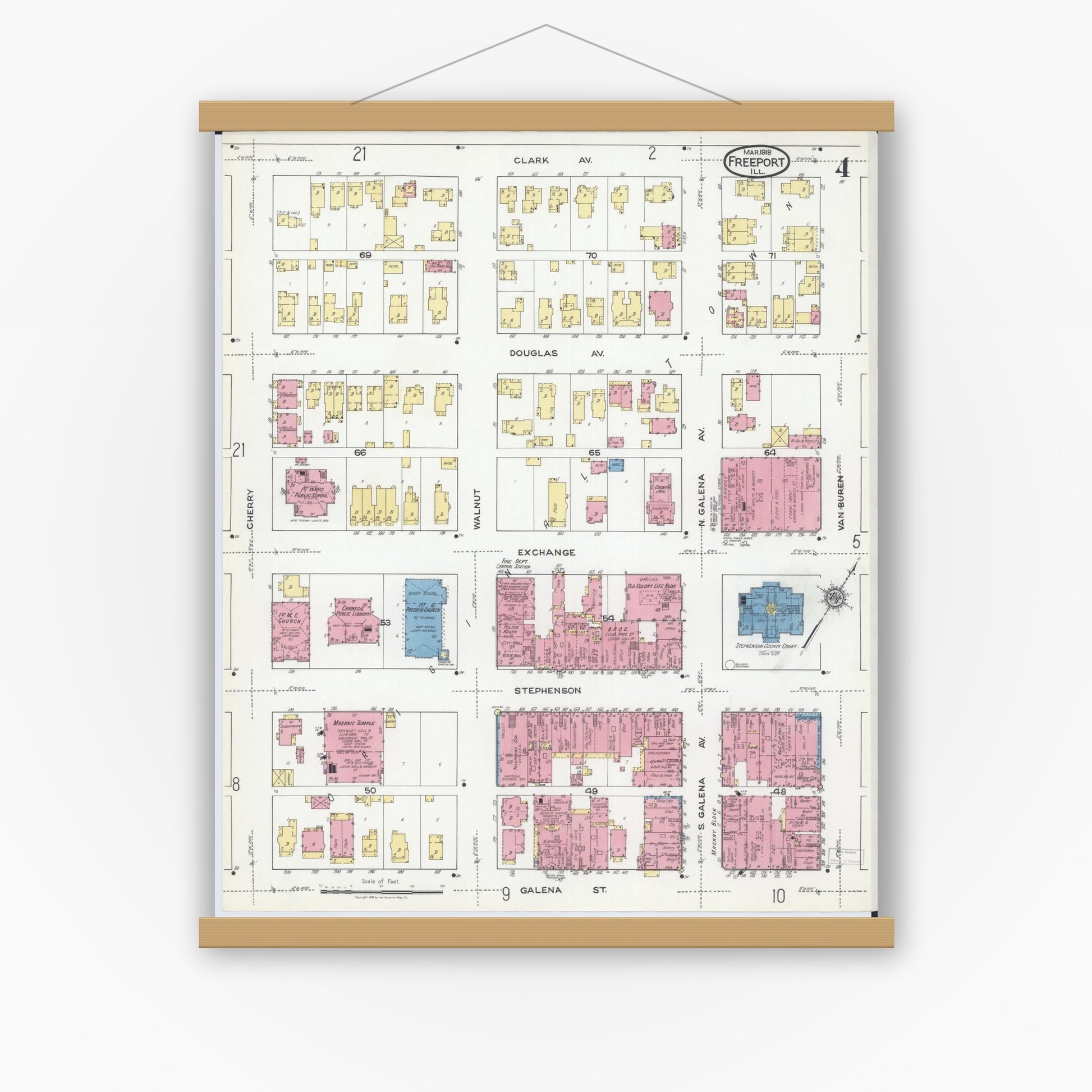 Old map wall art mockup — magnetic wood frame on white wall — Sanborn Fire Insurance Map from Freeport, Stephenson County, Illinois (1918), Sheet #0004