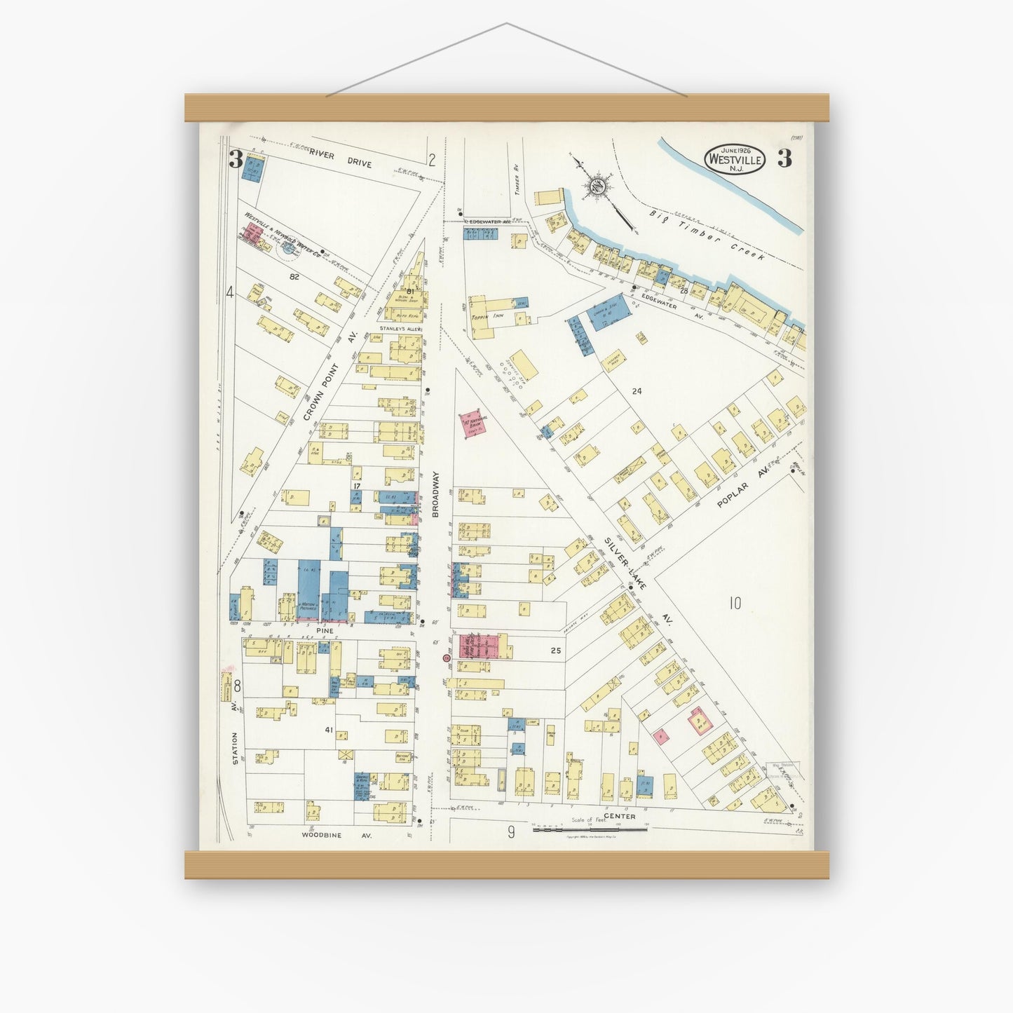 Old map wall art mockup — magnetic wood frame on white wall — Sanborn Fire Insurance Map from Westville, Gloucester County, New Jersey (1926), Sheet #0003