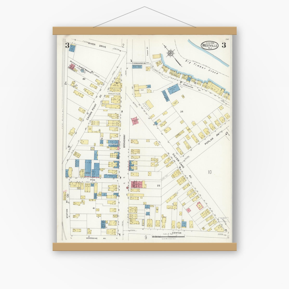 Old map wall art mockup — magnetic wood frame on white wall — Sanborn Fire Insurance Map from Westville, Gloucester County, New Jersey (1926), Sheet #0003
