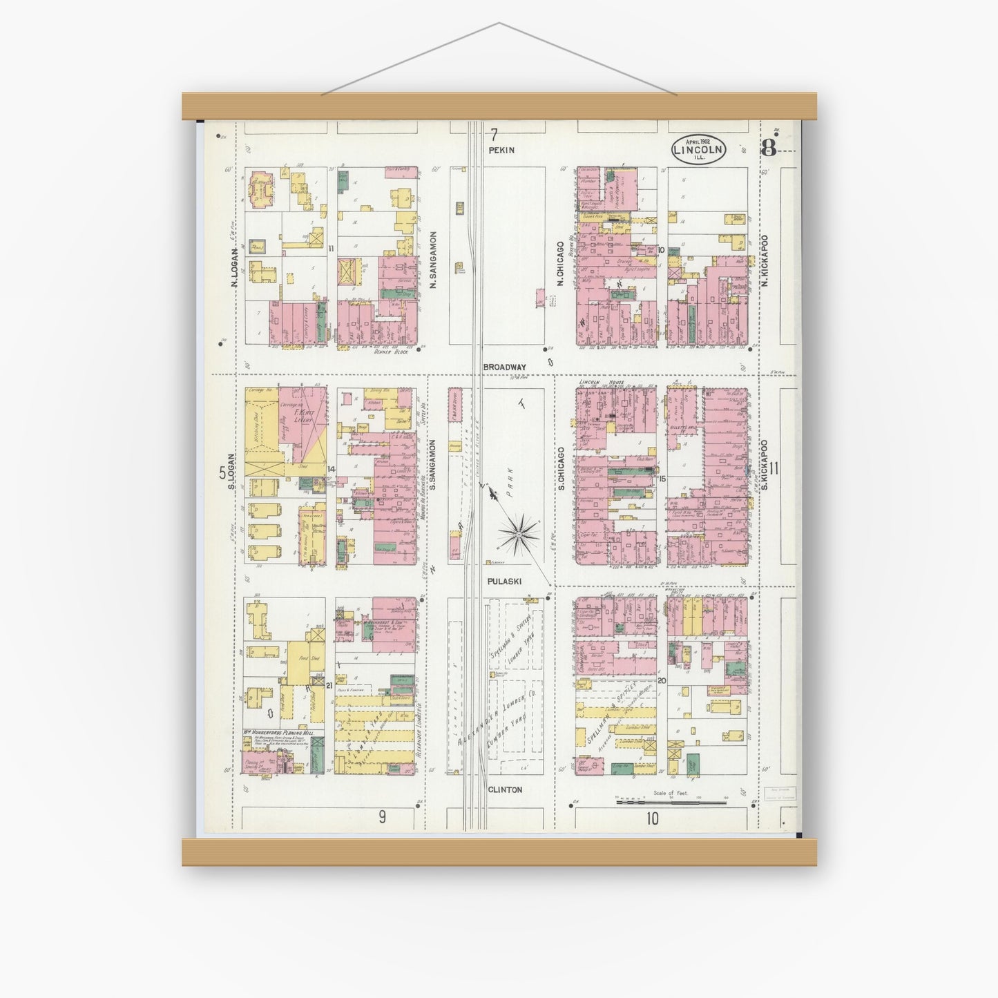 Old map wall art mockup — magnetic wood frame on white wall — Sanborn Fire Insurance Map from Lincoln, Logan County, Illinois (1902), Sheet #0008