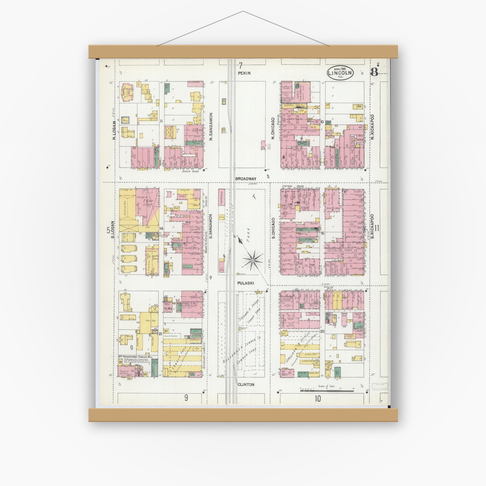 Old map wall art mockup — magnetic wood frame on white wall — Sanborn Fire Insurance Map from Lincoln, Logan County, Illinois (1902), Sheet #0008