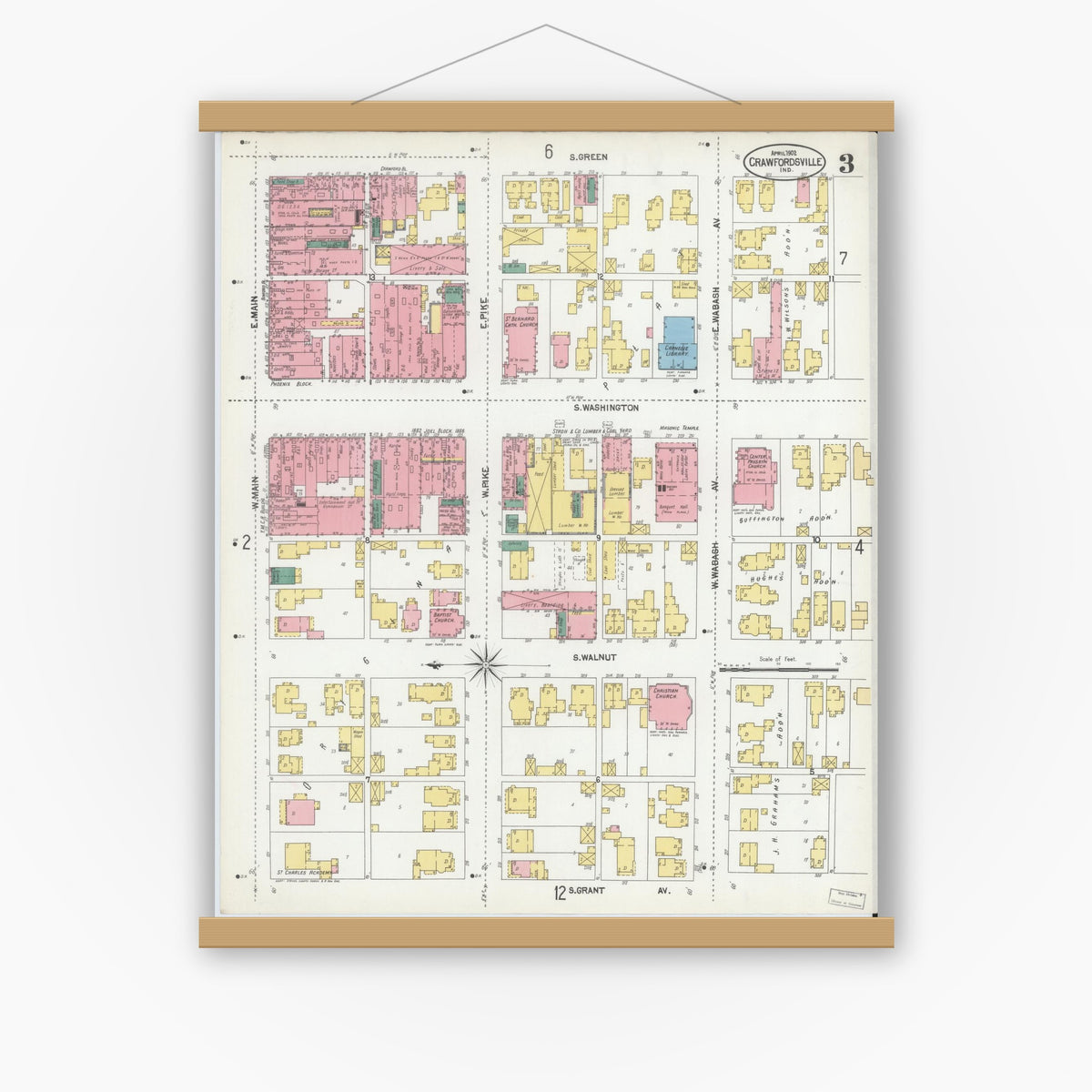 Old map wall art mockup — magnetic wood frame on white wall — Sanborn Fire Insurance Map from Crawfordsville, Montgomery County, Indiana (1902), Sheet #0003