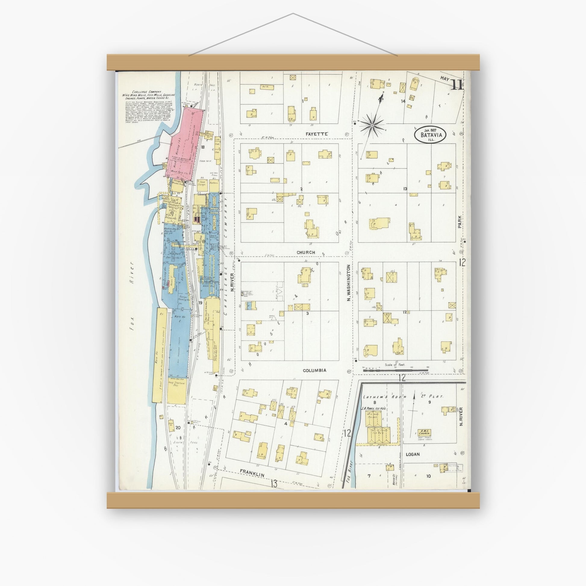 Old map wall art mockup — magnetic wood frame on white wall — Sanborn Fire Insurance Map from Batavia, Kane County, Illinois (1907), Sheet #0011