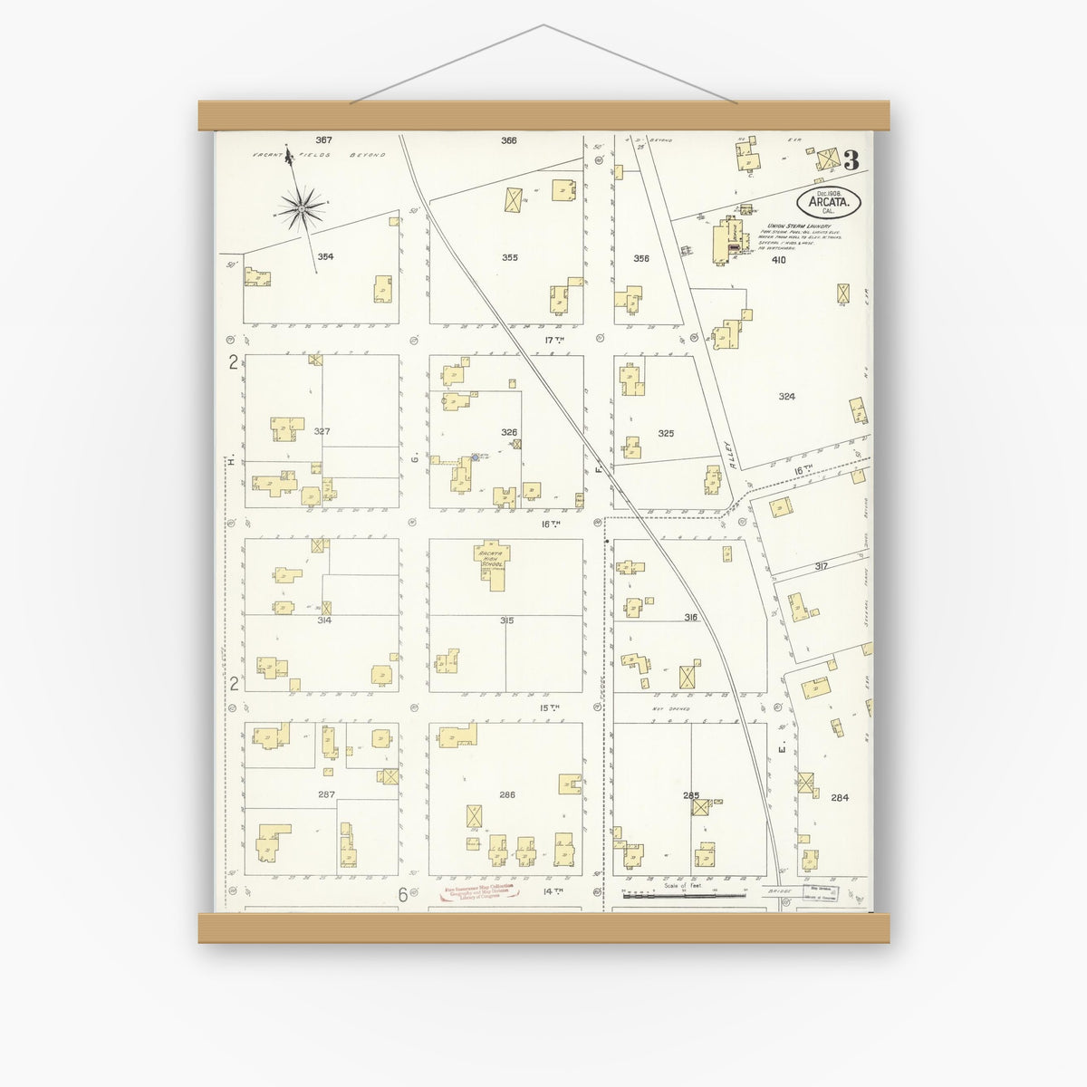 Old map wall art mockup — magnetic wood frame on white wall — Sanborn Fire Insurance Map from Arcata, Humboldt County, California (1908), Sheet #0003