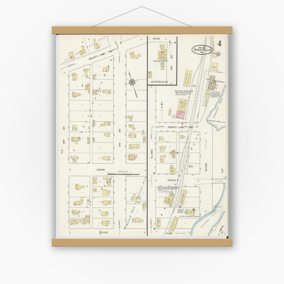 Old map wall art mockup — magnetic wood frame on white wall — Sanborn Fire Insurance Map from River Falls, St. Croix and Pierce Counties, Wisconsin (1912), Sheet #0004