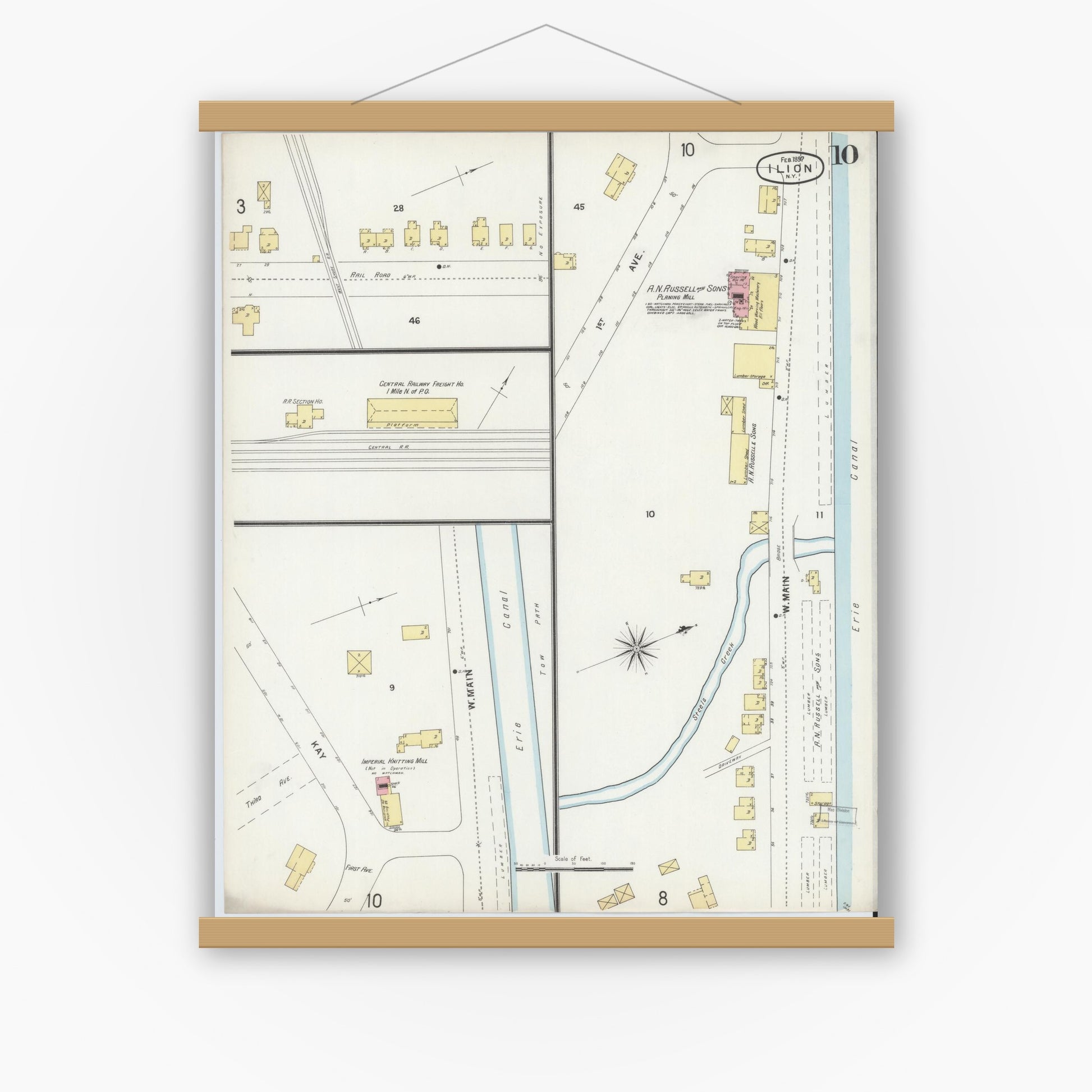 Old map wall art mockup — magnetic wood frame on white wall — Sanborn Fire Insurance Map from Ilion, Herkimer County, New York (1897), Sheet #0010