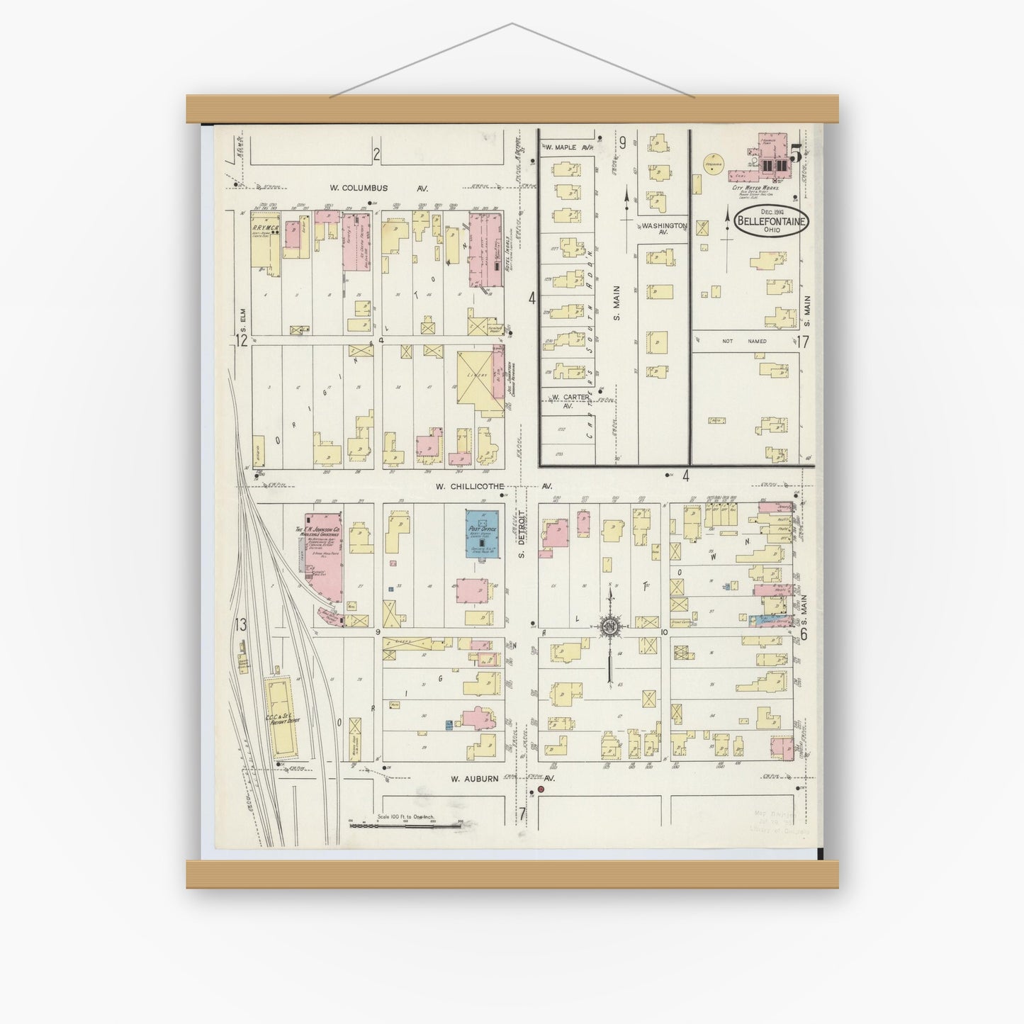 Old map wall art mockup — magnetic wood frame on white wall — Sanborn Fire Insurance Map from Bellefontaine, Logan County, Ohio (1914), Sheet #0005
