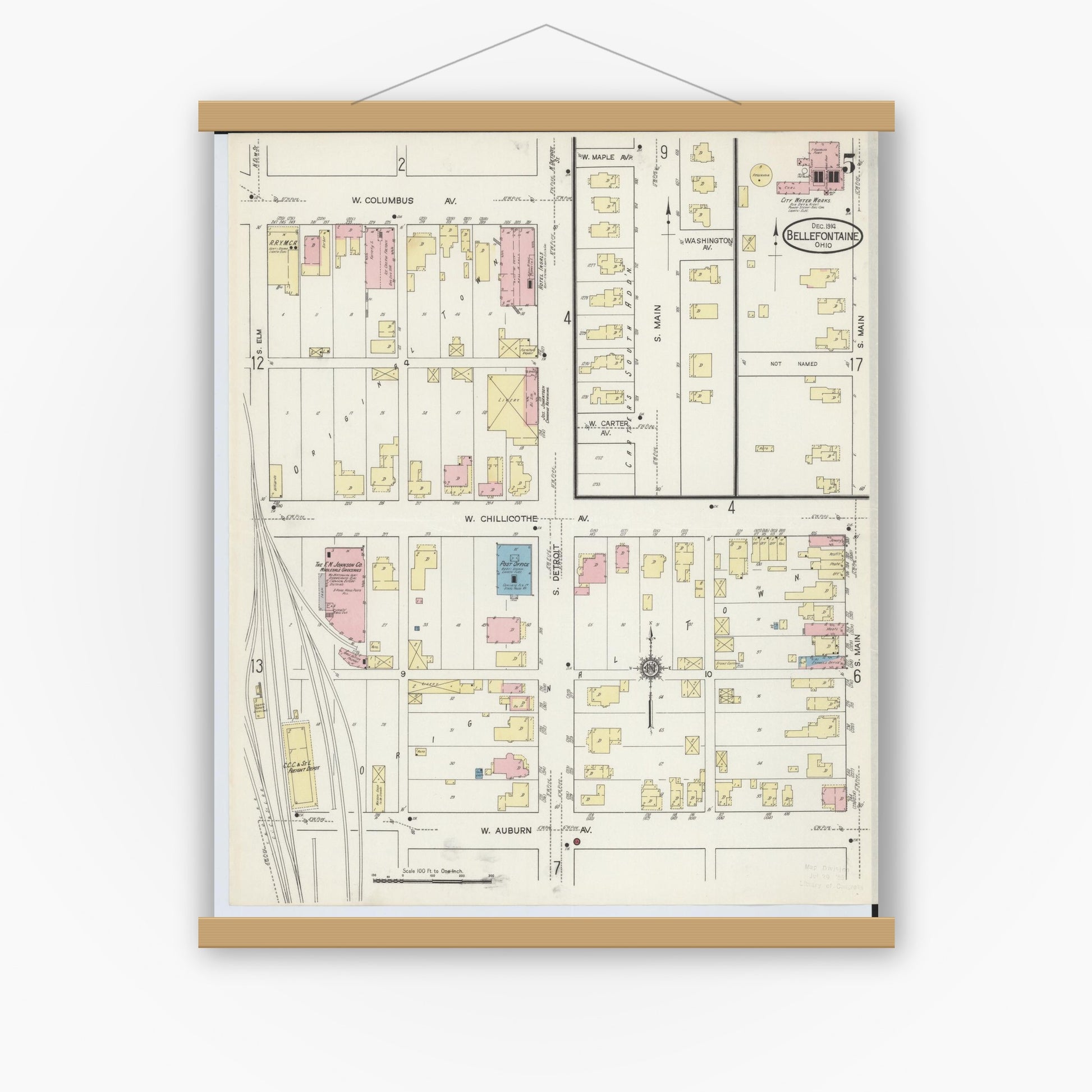 Old map wall art mockup — magnetic wood frame on white wall — Sanborn Fire Insurance Map from Bellefontaine, Logan County, Ohio (1914), Sheet #0005