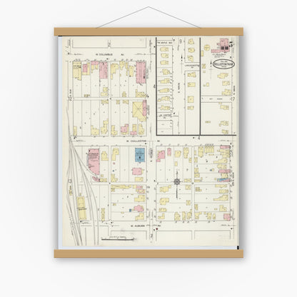Old map wall art mockup — magnetic wood frame on white wall — Sanborn Fire Insurance Map from Bellefontaine, Logan County, Ohio (1914), Sheet #0005