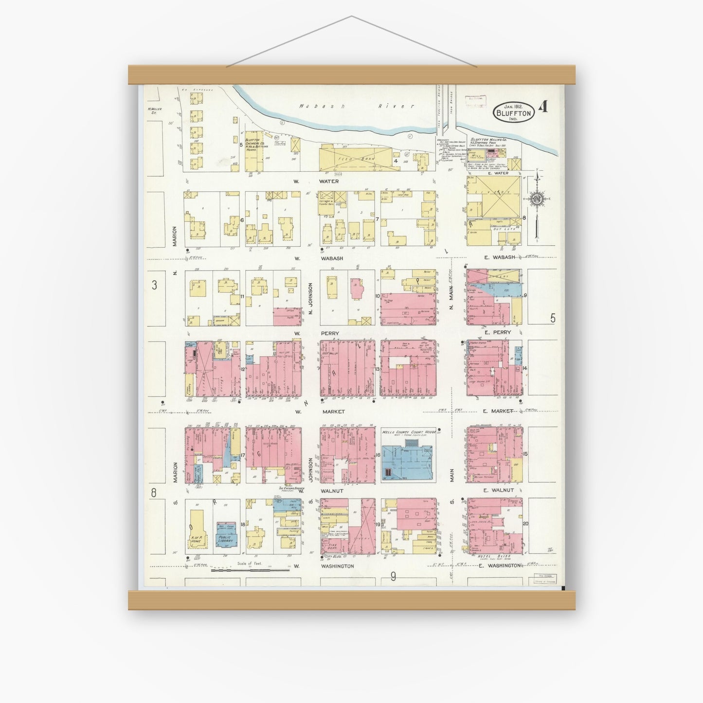 Old map wall art mockup — magnetic wood frame on white wall — Sanborn Fire Insurance Map from Bluffton, Wells County, Indiana (1912), Sheet #0004