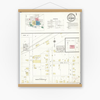 Old map wall art mockup — magnetic wood frame on white wall — Sanborn Fire Insurance Map from Seymour, Wayne County, Iowa (1913) â€” Complete Set