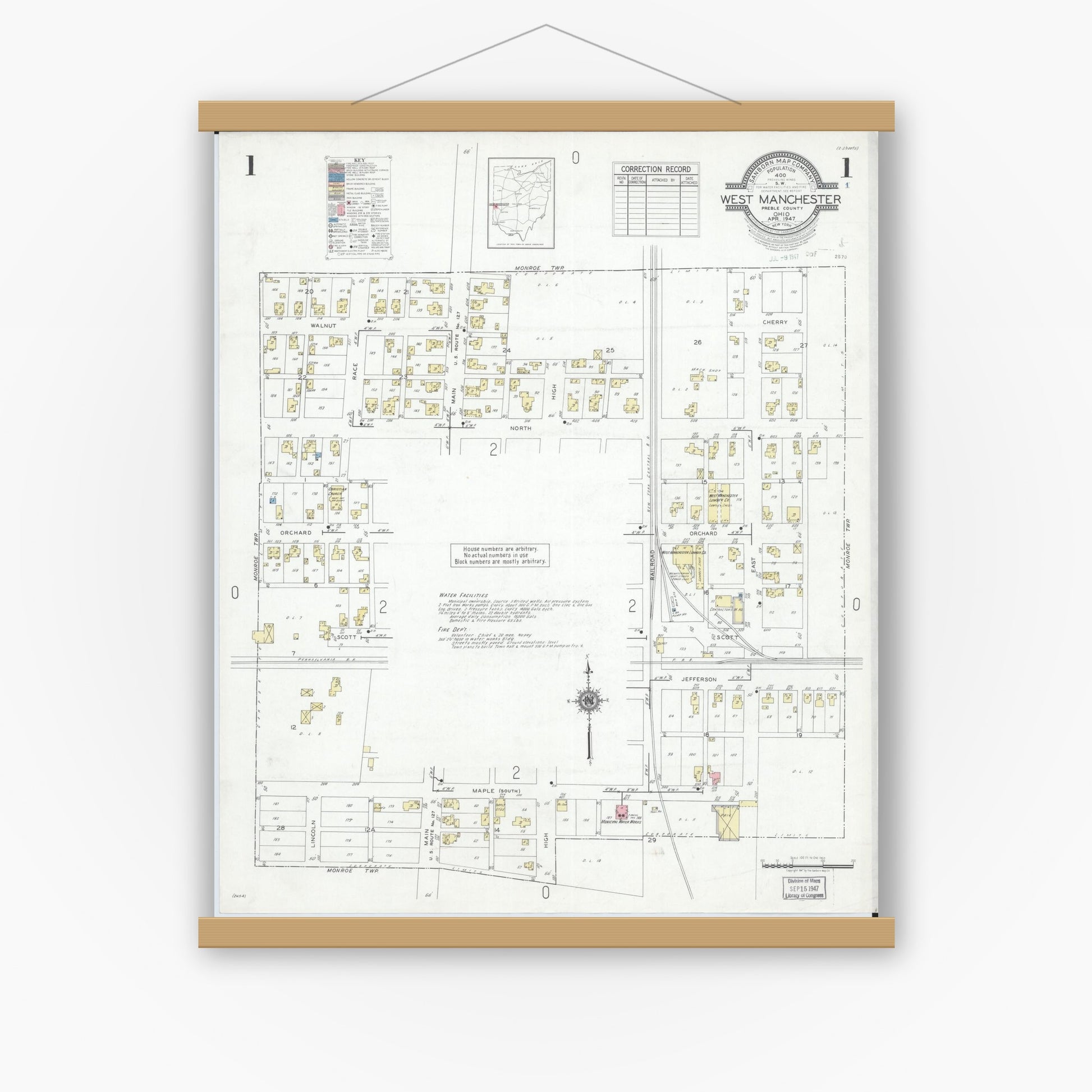 Old map wall art mockup — magnetic wood frame on white wall — Sanborn Fire Insurance Map from West Manchester, Preble County, Ohio (1947), Sheet #0001