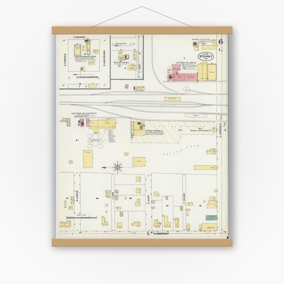 Old map wall art mockup — magnetic wood frame on white wall — Sanborn Fire Insurance Map from McKinney, Collin County, Texas (1902), Sheet #0006